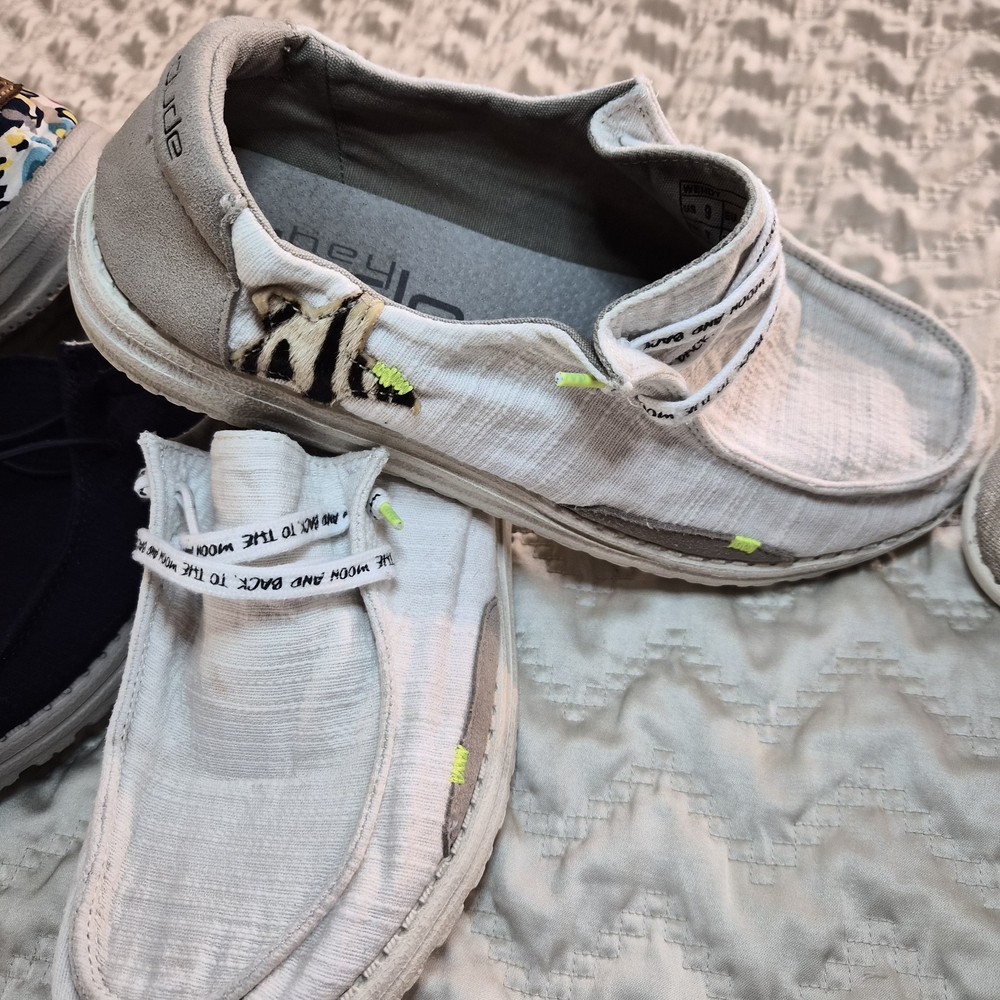 Hey Dude White and Gray Flats with Animal Print Accent